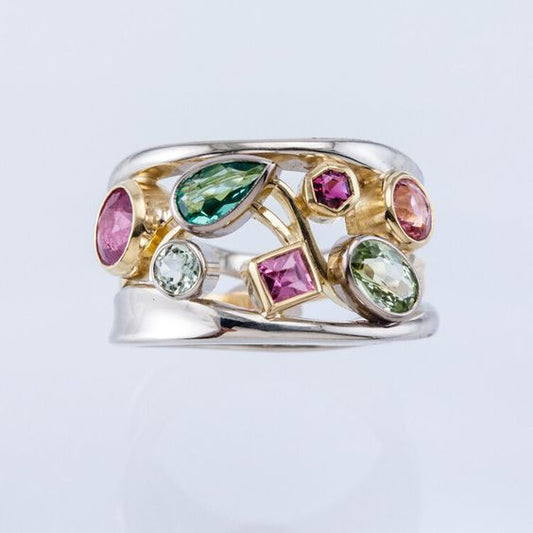 Vintage Colorful Glass Gold & Silver Ring