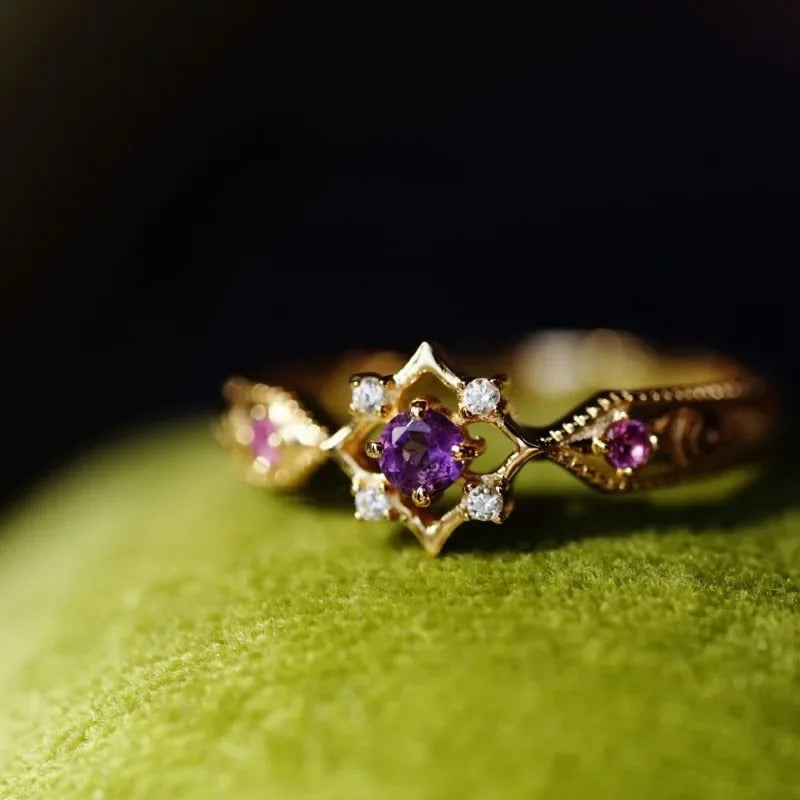 Vintage Gold & Amethyst Purple Crystal Geometric Adjustable Ring