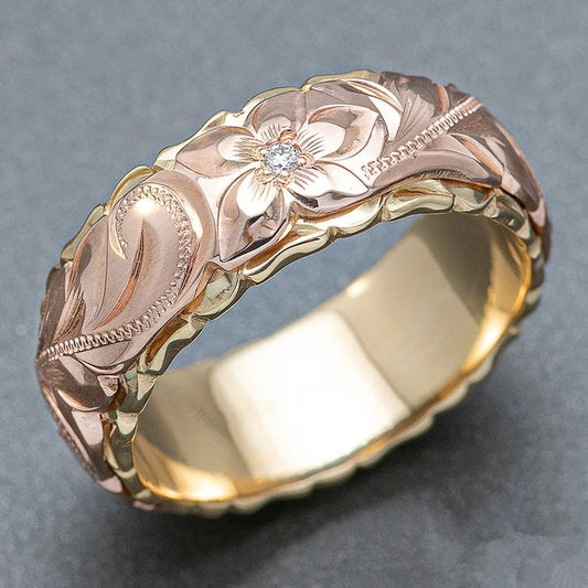 Vintage Rose Gold Flower Engraved Ring
