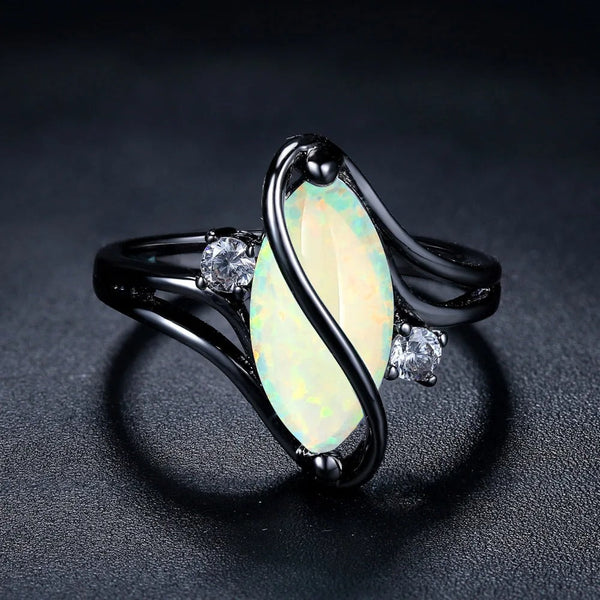 Vintage Black Silver Opal & Crystal Accent Ring