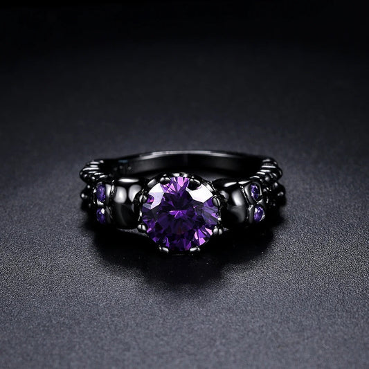 Vintage Black Round Purple Gemstone & Intricate Design Ring