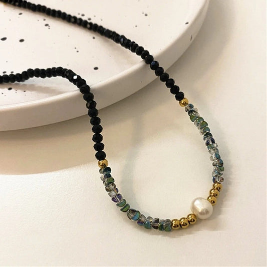 Gold & Pearl Black Bead Necklace